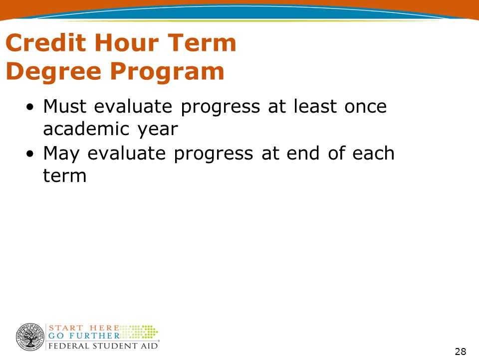28 Credit Hour Term Degree Program Must evaluate progress at least once academic year May evaluate progress at end of each term