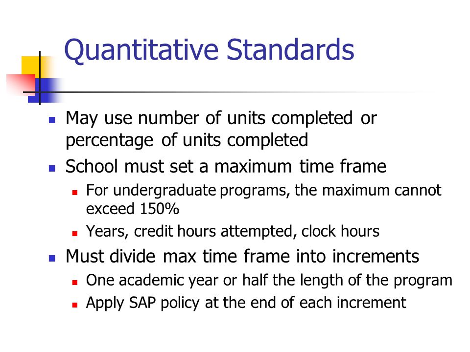 Quantitative Standards May use number of units completed or percentage of units completed School must set a maximum time frame For undergraduate programs, the maximum cannot exceed 150% Years, credit hours attempted, clock hours Must divide max time frame into increments One academic year or half the length of the program Apply SAP policy at the end of each increment