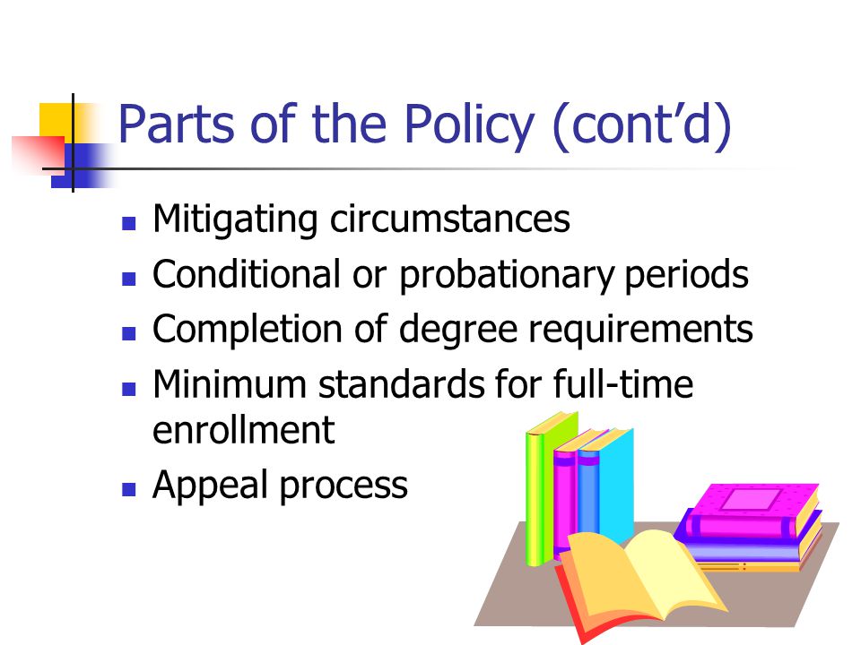 Parts of the Policy (cont’d) Mitigating circumstances Conditional or probationary periods Completion of degree requirements Minimum standards for full-time enrollment Appeal process