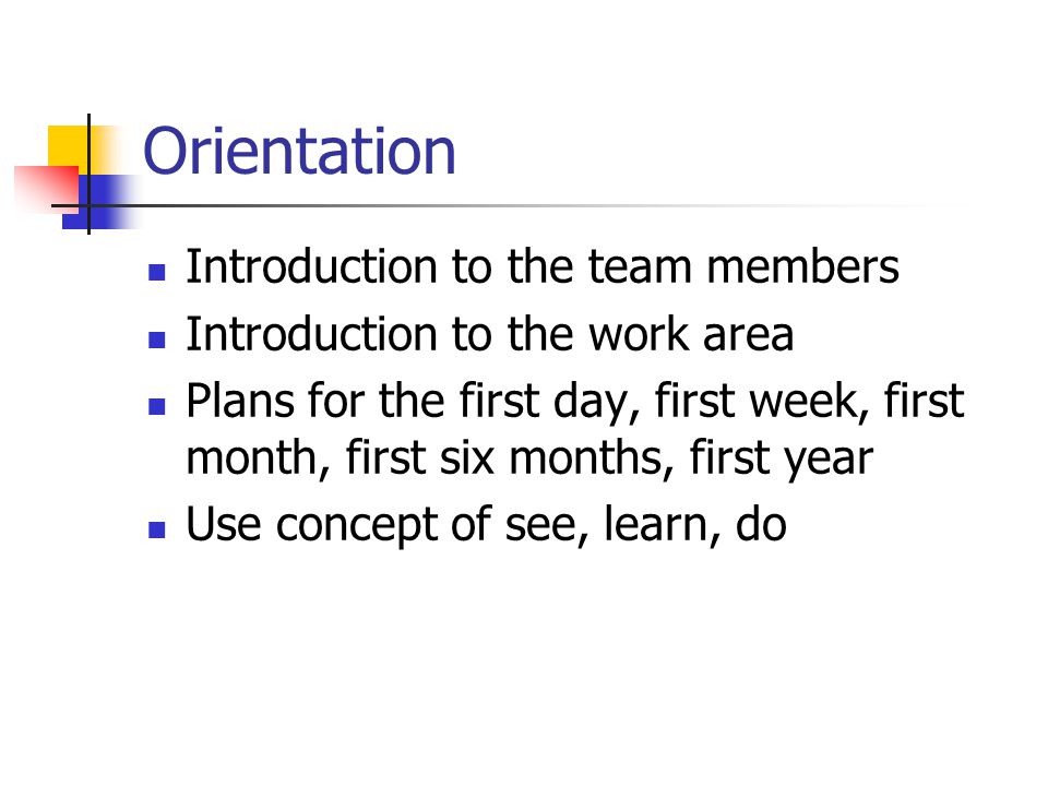 Orientation Introduction to the team members Introduction to the work area Plans for the first day, first week, first month, first six months, first year Use concept of see, learn, do