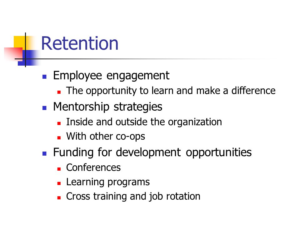 Retention Employee engagement The opportunity to learn and make a difference Mentorship strategies Inside and outside the organization With other co-ops Funding for development opportunities Conferences Learning programs Cross training and job rotation