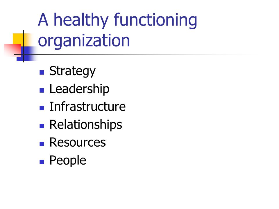 A healthy functioning organization Strategy Leadership Infrastructure Relationships Resources People