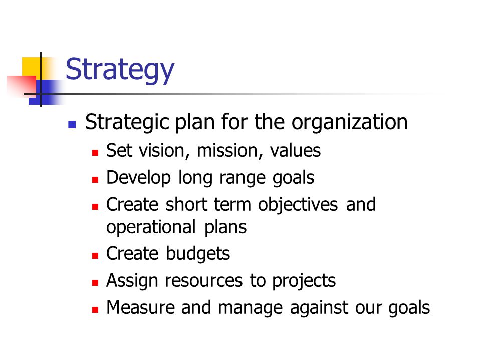 Strategy Strategic plan for the organization Set vision, mission, values Develop long range goals Create short term objectives and operational plans Create budgets Assign resources to projects Measure and manage against our goals