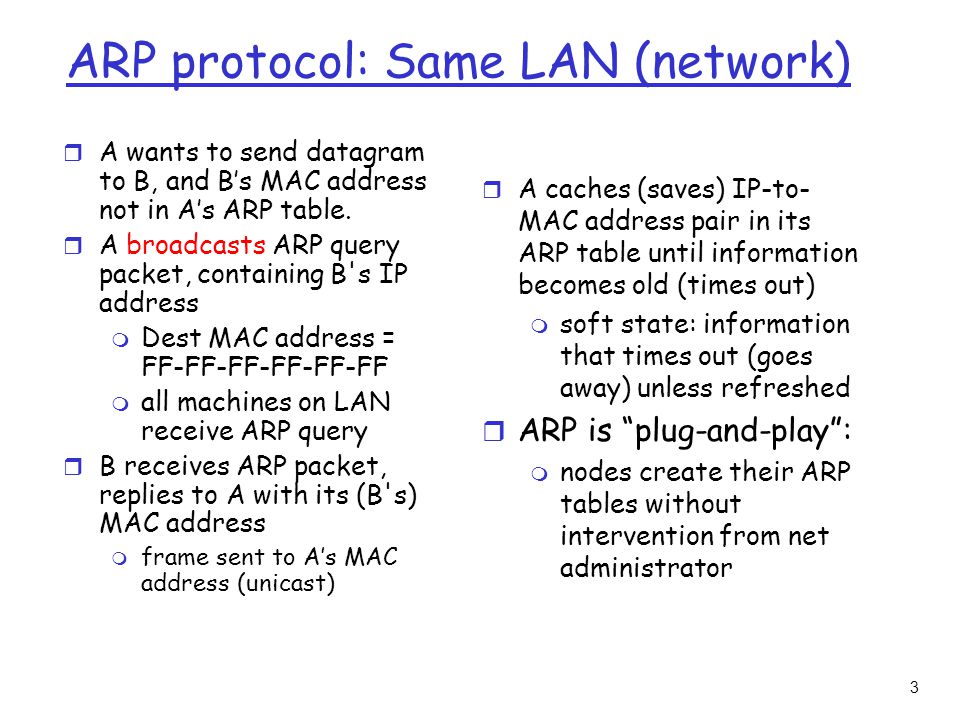 3 ARP protocol: Same LAN (network) r A wants to send datagram to B, and B’s MAC address not in A’s ARP table.