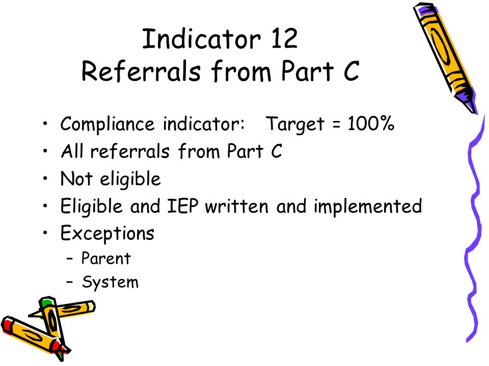Indicator 12 Referrals from Part C Compliance indicator: Target = 100% All referrals from Part C Not eligible Eligible and IEP written and implemented Exceptions –Parent –System