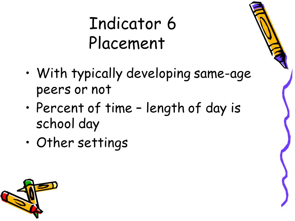 Indicator 6 Placement With typically developing same-age peers or not Percent of time – length of day is school day Other settings