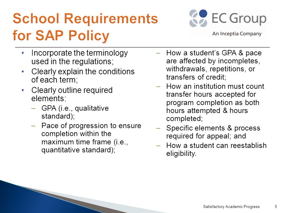 Incorporate the terminology used in the regulations; Clearly explain the conditions of each term; Clearly outline required elements: –GPA (i.e., qualitative standard); –Pace of progression to ensure completion within the maximum time frame (i.e., quantitative standard); –How a student’s GPA & pace are affected by incompletes, withdrawals, repetitions, or transfers of credit; –How an institution must count transfer hours accepted for program completion as both hours attempted & hours completed; –Specific elements & process required for appeal; and –How a student can reestablish eligibility.