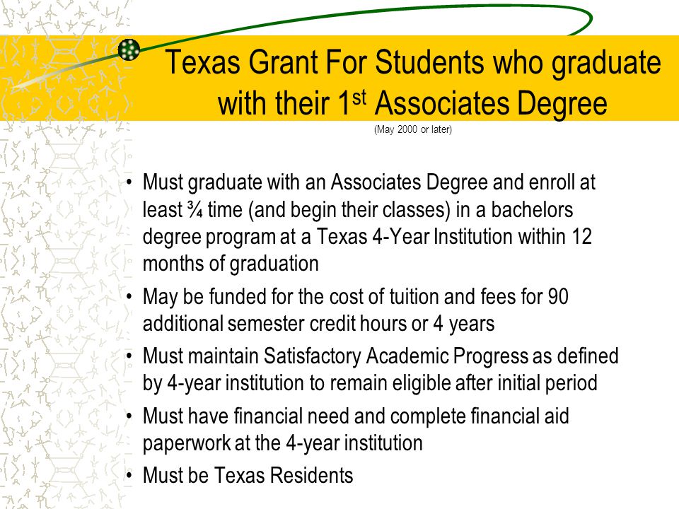 Texas Grant For Students who graduate with their 1 st Associates Degree (May 2000 or later) Must graduate with an Associates Degree and enroll at least ¾ time (and begin their classes) in a bachelors degree program at a Texas 4-Year Institution within 12 months of graduation May be funded for the cost of tuition and fees for 90 additional semester credit hours or 4 years Must maintain Satisfactory Academic Progress as defined by 4-year institution to remain eligible after initial period Must have financial need and complete financial aid paperwork at the 4-year institution Must be Texas Residents