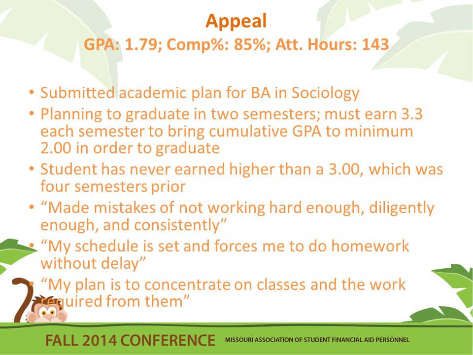 Appeal GPA: 1.79; Comp%: 85%; Att.