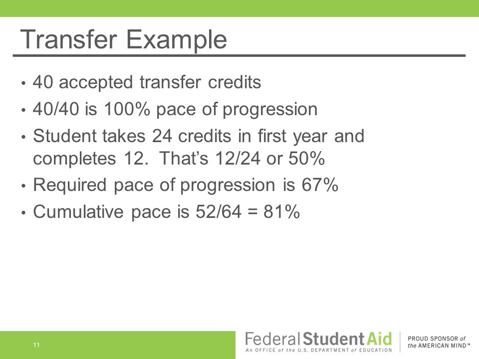 Transfer Example 40 accepted transfer credits 40/40 is 100% pace of progression Student takes 24 credits in first year and completes 12.