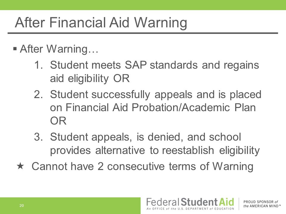 After Financial Aid Warning 20  After Warning… 1.Student meets SAP standards and regains aid eligibility OR 2.Student successfully appeals and is placed on Financial Aid Probation/Academic Plan OR 3.Student appeals, is denied, and school provides alternative to reestablish eligibility  Cannot have 2 consecutive terms of Warning