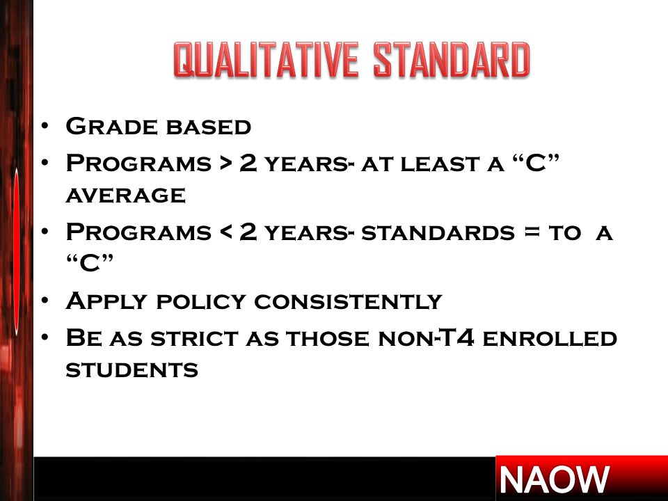 Grade based Programs > 2 years- at least a C average Programs < 2 years- standards = to a C Apply policy consistently Be as strict as those non-T4 enrolled students