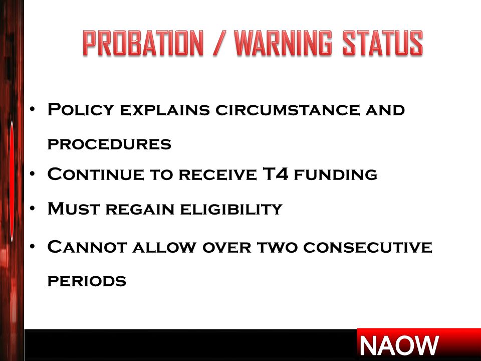 Policy explains circumstance and procedures Continue to receive T4 funding Must regain eligibility Cannot allow over two consecutive periods