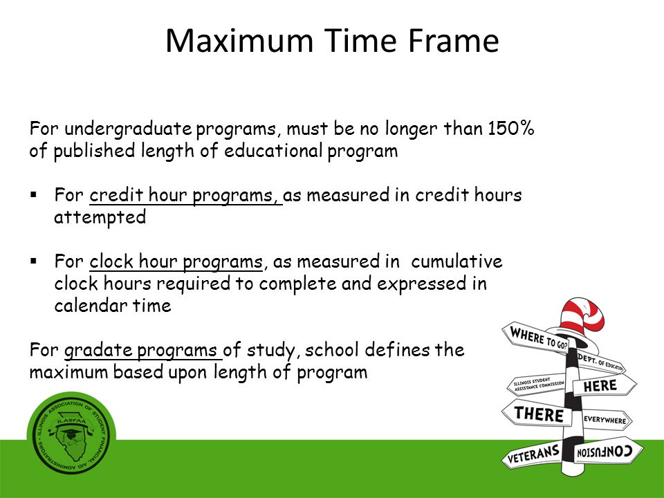 For undergraduate programs, must be no longer than 150% of published length of educational program  For credit hour programs, as measured in credit hours attempted  For clock hour programs, as measured in cumulative clock hours required to complete and expressed in calendar time For gradate programs of study, school defines the maximum based upon length of program Maximum Time Frame