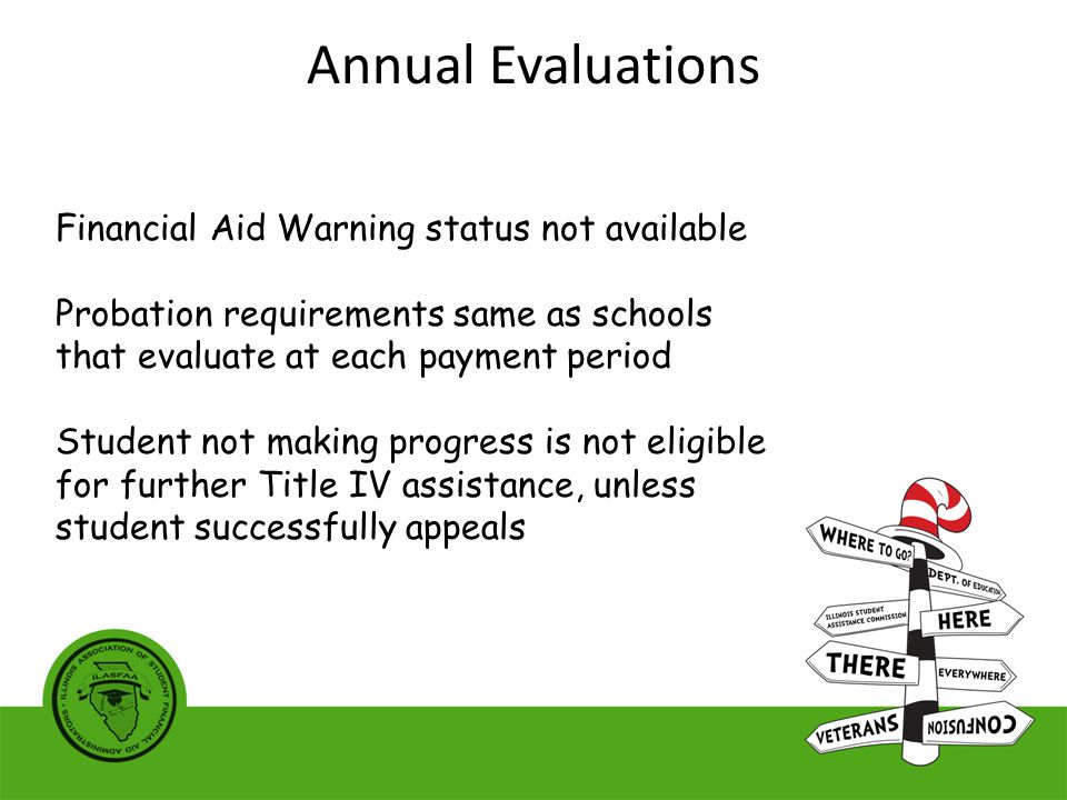 Financial Aid Warning status not available Probation requirements same as schools that evaluate at each payment period Student not making progress is not eligible for further Title IV assistance, unless student successfully appeals Annual Evaluations