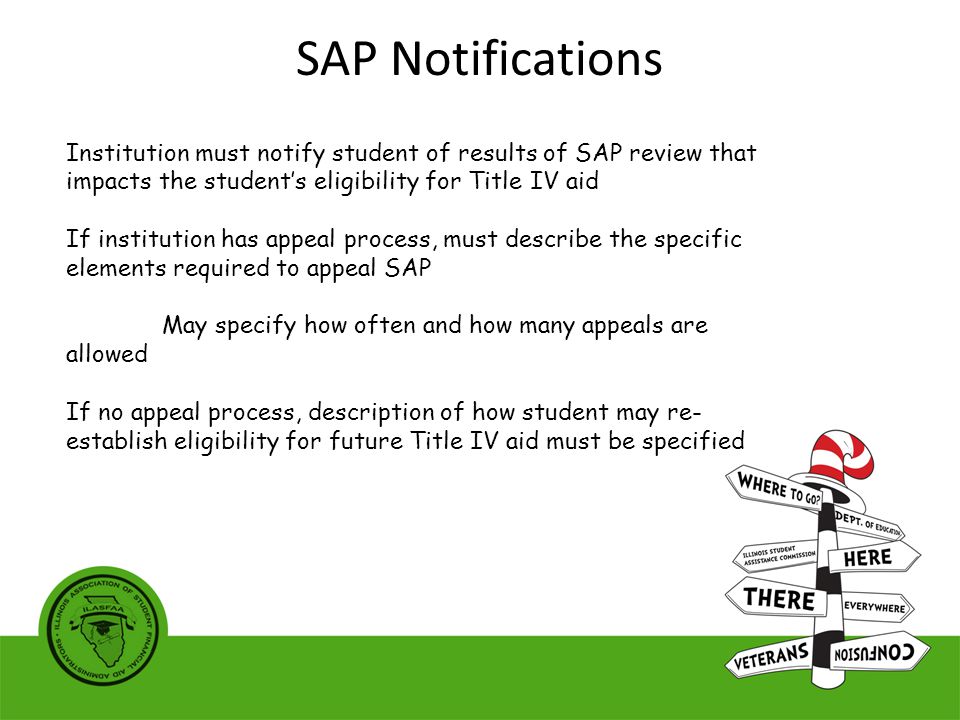 Institution must notify student of results of SAP review that impacts the student’s eligibility for Title IV aid If institution has appeal process, must describe the specific elements required to appeal SAP May specify how often and how many appeals are allowed If no appeal process, description of how student may re- establish eligibility for future Title IV aid must be specified SAP Notifications