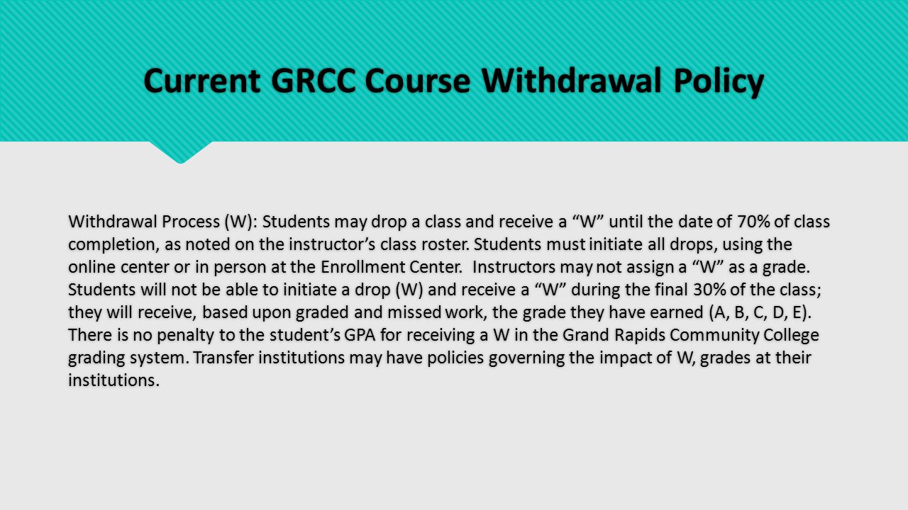 Current GRCC Course Withdrawal Policy Withdrawal Process (W): Students may drop a class and receive a W until the date of 70% of class completion, as noted on the instructor’s class roster.