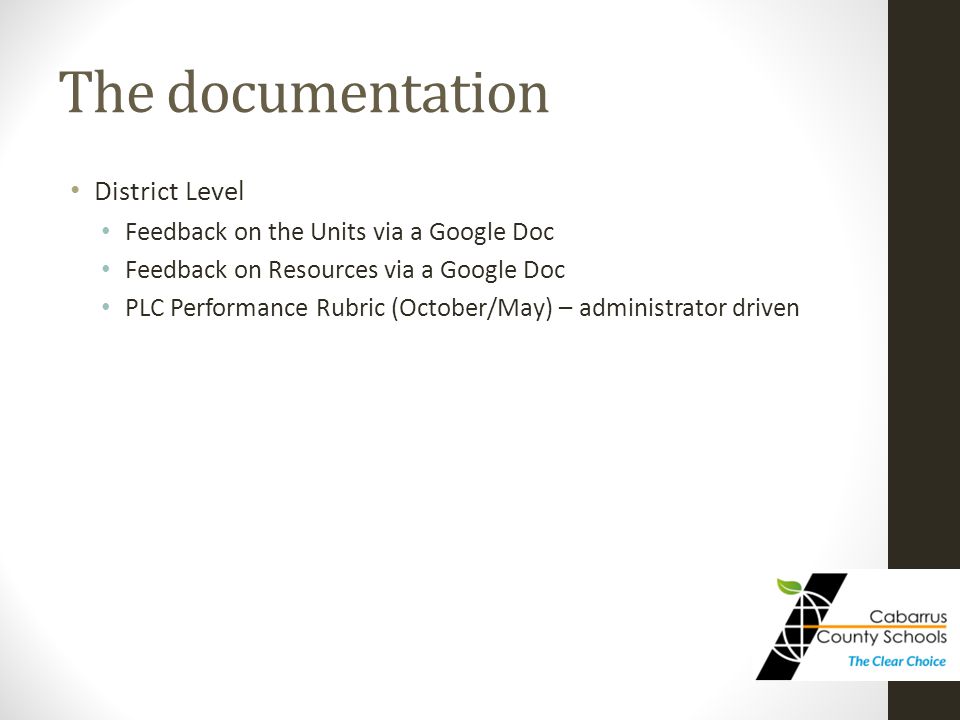 The documentation District Level Feedback on the Units via a Google Doc Feedback on Resources via a Google Doc PLC Performance Rubric (October/May) – administrator driven