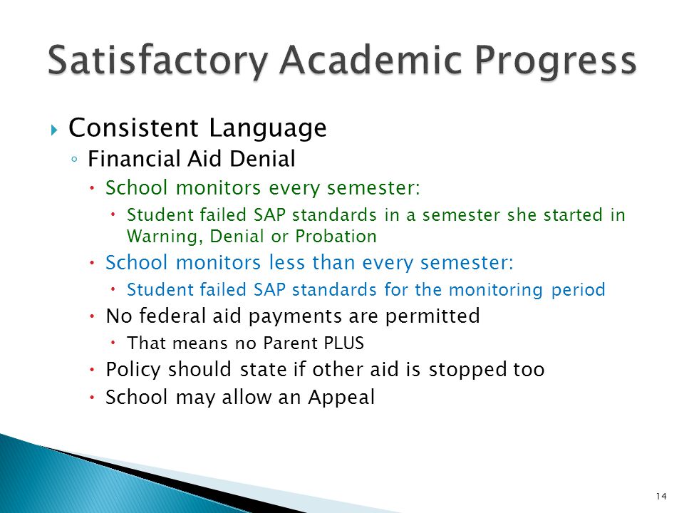  Consistent Language ◦ Financial Aid Denial  School monitors every semester:  Student failed SAP standards in a semester she started in Warning, Denial or Probation  School monitors less than every semester:  Student failed SAP standards for the monitoring period  No federal aid payments are permitted  That means no Parent PLUS  Policy should state if other aid is stopped too  School may allow an Appeal 14