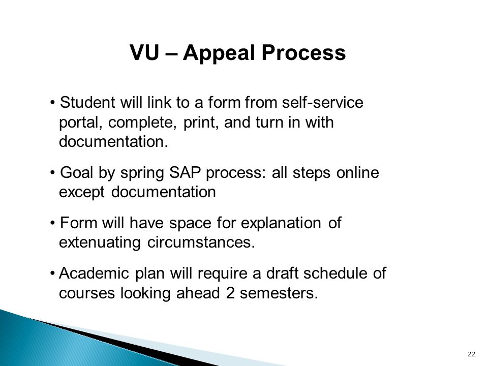 22 VU – Appeal Process Student will link to a form from self-service portal, complete, print, and turn in with documentation.