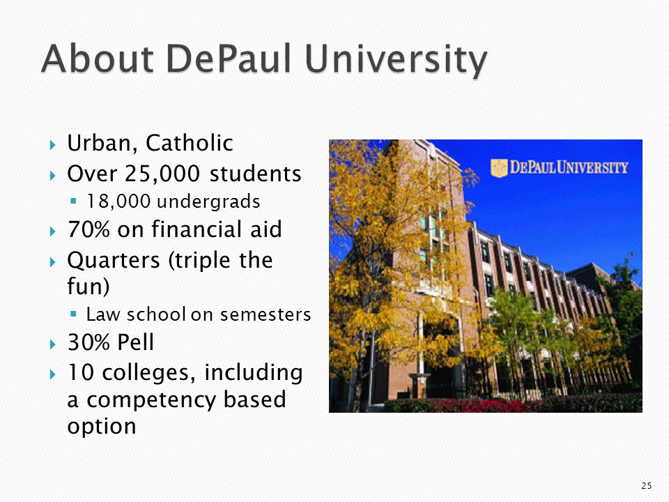  Urban, Catholic  Over 25,000 students  18,000 undergrads  70% on financial aid  Quarters (triple the fun)  Law school on semesters  30% Pell  10 colleges, including a competency based option 25