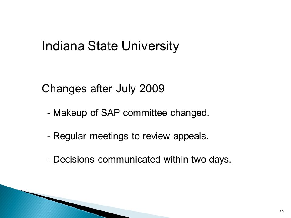 38 Indiana State University Changes after July Makeup of SAP committee changed.