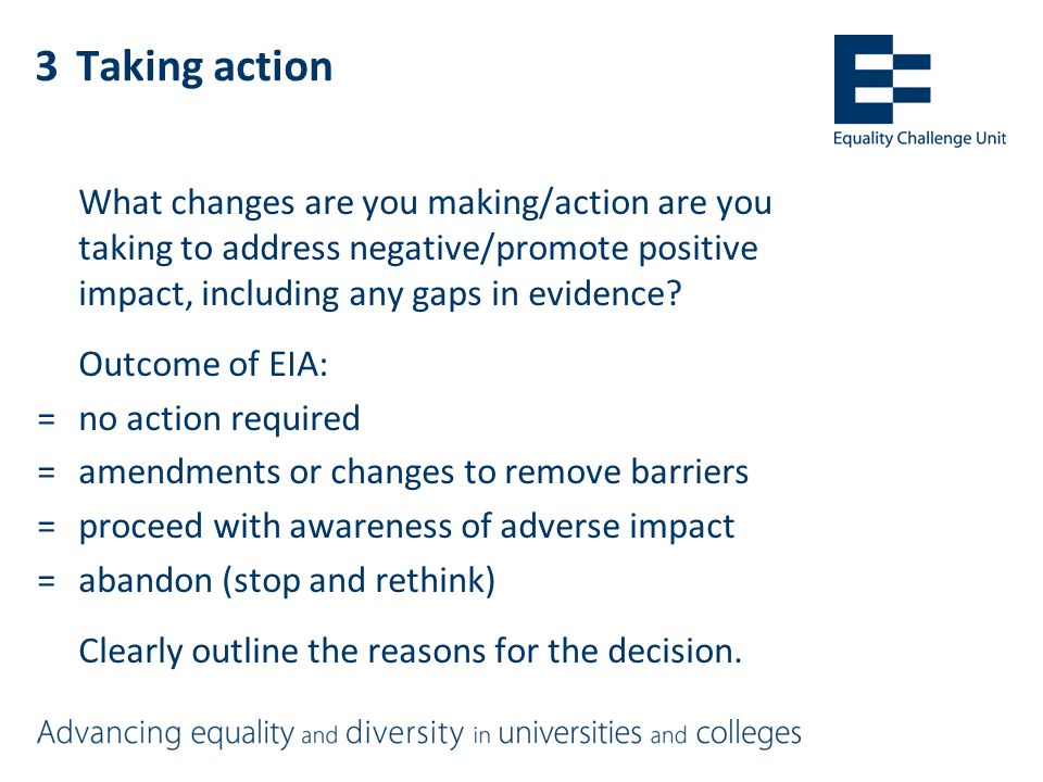 3Taking action What changes are you making/action are you taking to address negative/promote positive impact, including any gaps in evidence.