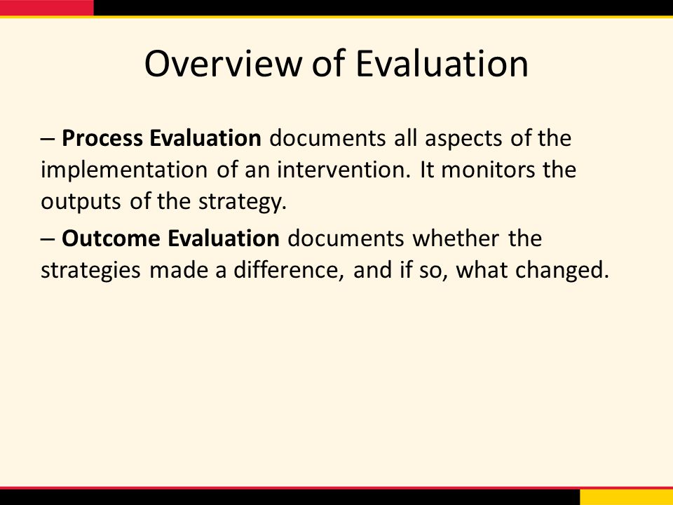 Overview of Evaluation – Process Evaluation documents all aspects of the implementation of an intervention.