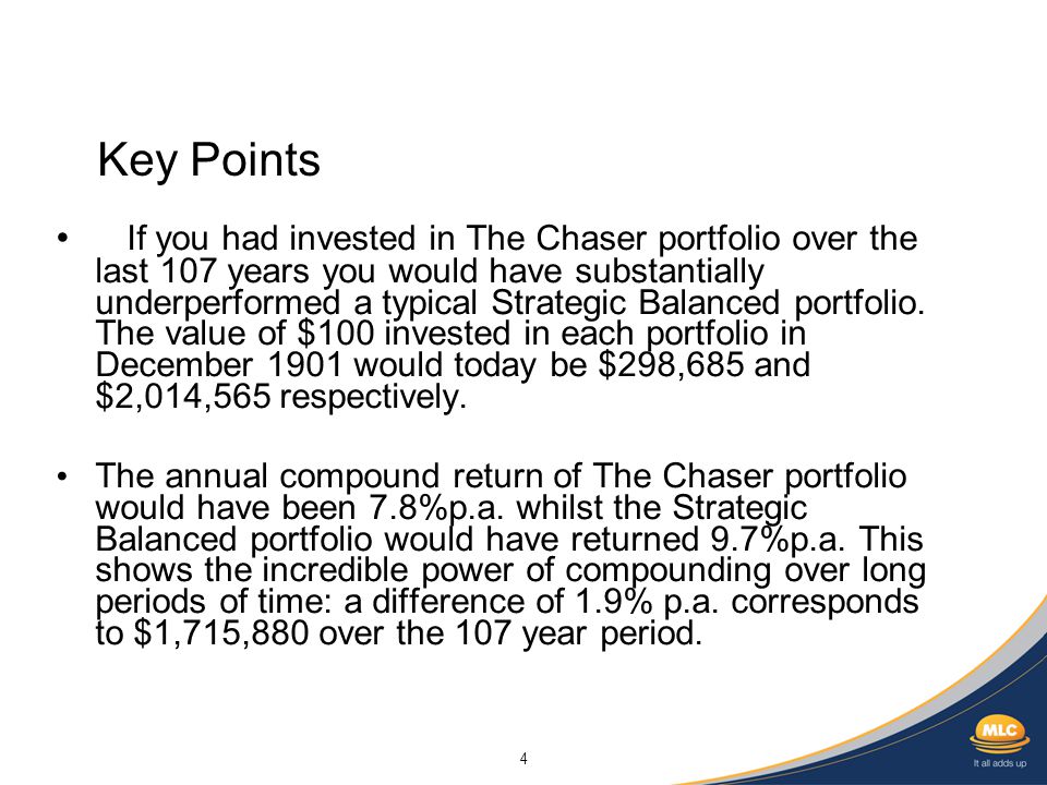 4 If you had invested in The Chaser portfolio over the last 107 years you would have substantially underperformed a typical Strategic Balanced portfolio.