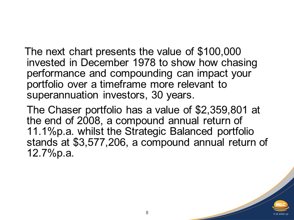 8 The next chart presents the value of $100,000 invested in December 1978 to show how chasing performance and compounding can impact your portfolio over a timeframe more relevant to superannuation investors, 30 years.
