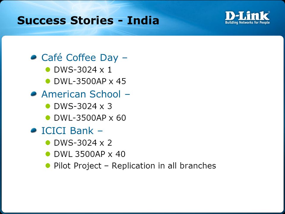 Success Stories - India Café Coffee Day – DWS-3024 x 1 DWL-3500AP x 45 American School – DWS-3024 x 3 DWL-3500AP x 60 ICICI Bank – DWS-3024 x 2 DWL 3500AP x 40 Pilot Project – Replication in all branches