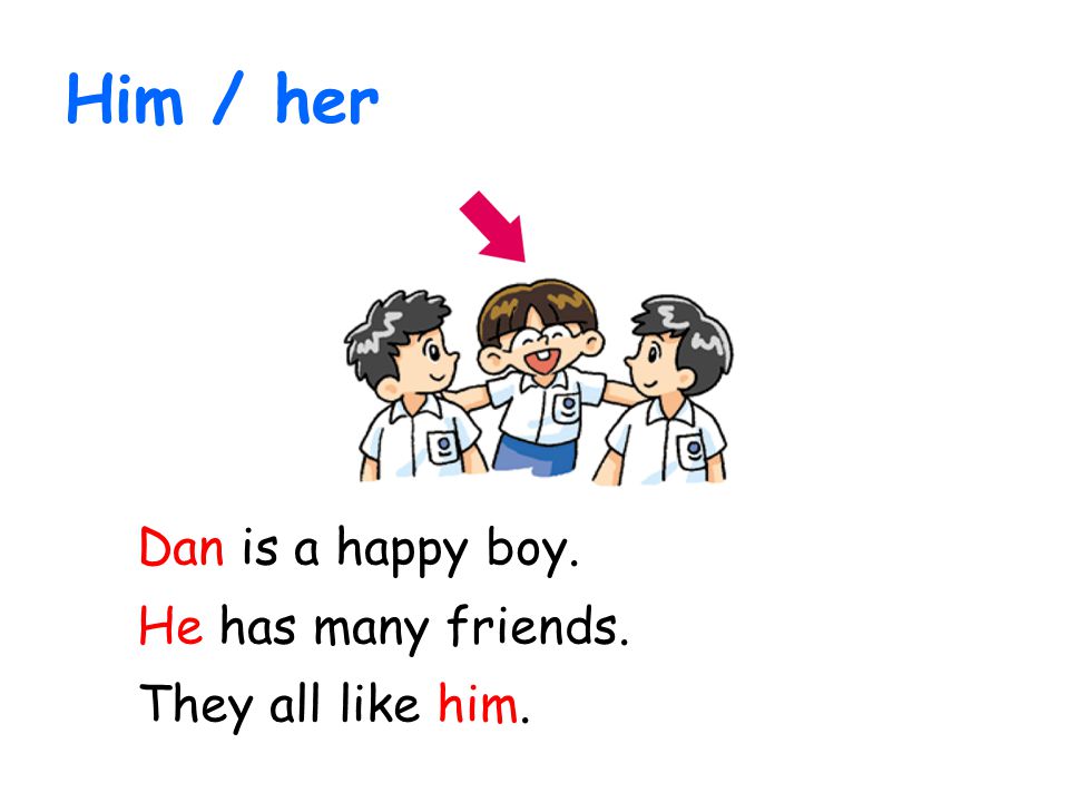 Him / her Dan is a happy boy. He has many friends. They all like him.
