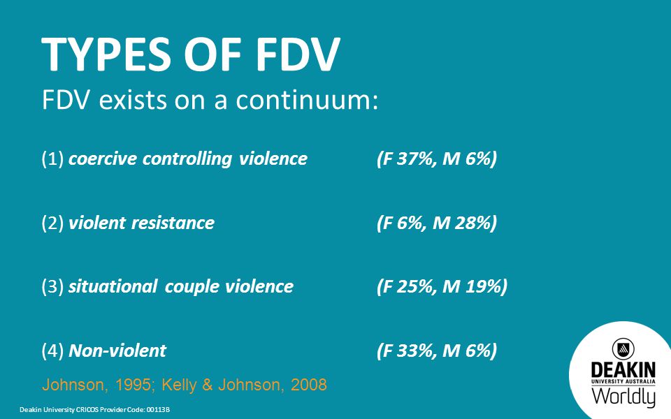 Deakin University CRICOS Provider Code: 00113B TYPES OF FDV FDV exists on a continuum: (1) coercive controlling violence (F 37%, M 6%) (2) violent resistance (F 6%, M 28%) (3) situational couple violence (F 25%, M 19%) (4) Non-violent (F 33%, M 6%) Johnson, 1995; Kelly & Johnson, 2008