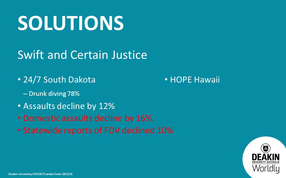 Deakin University CRICOS Provider Code: 00113B SOLUTIONS Swift and Certain Justice 24/7 South Dakota – Drunk diving 78% Assaults decline by 12% Domestic assaults decline by 16%.