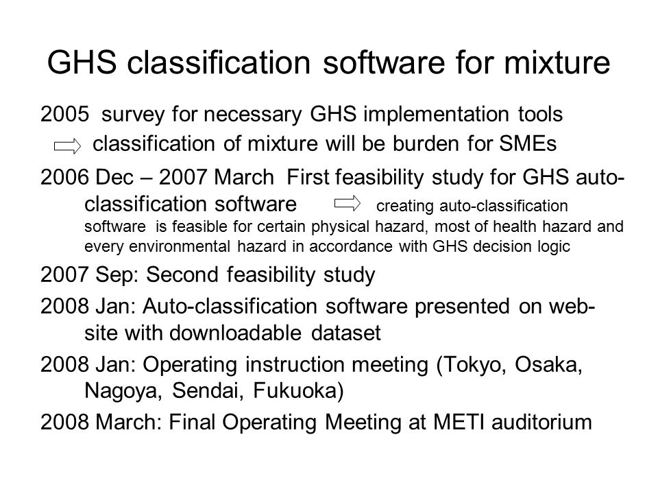 GHS classification software for mixture 2005 survey for necessary GHS implementation tools classification of mixture will be burden for SMEs 2006 Dec – 2007 March First feasibility study for GHS auto- classification software creating auto-classification software is feasible for certain physical hazard, most of health hazard and every environmental hazard in accordance with GHS decision logic 2007 Sep: Second feasibility study 2008 Jan: Auto-classification software presented on web- site with downloadable dataset 2008 Jan: Operating instruction meeting (Tokyo, Osaka, Nagoya, Sendai, Fukuoka) 2008 March: Final Operating Meeting at METI auditorium