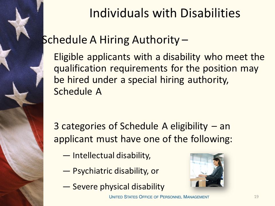 Individuals with Disabilities Schedule A Hiring Authority – Eligible applicants with a disability who meet the qualification requirements for the position may be hired under a special hiring authority, Schedule A 3 categories of Schedule A eligibility – an applicant must have one of the following: ―Intellectual disability, ―Psychiatric disability, or ―Severe physical disability 19