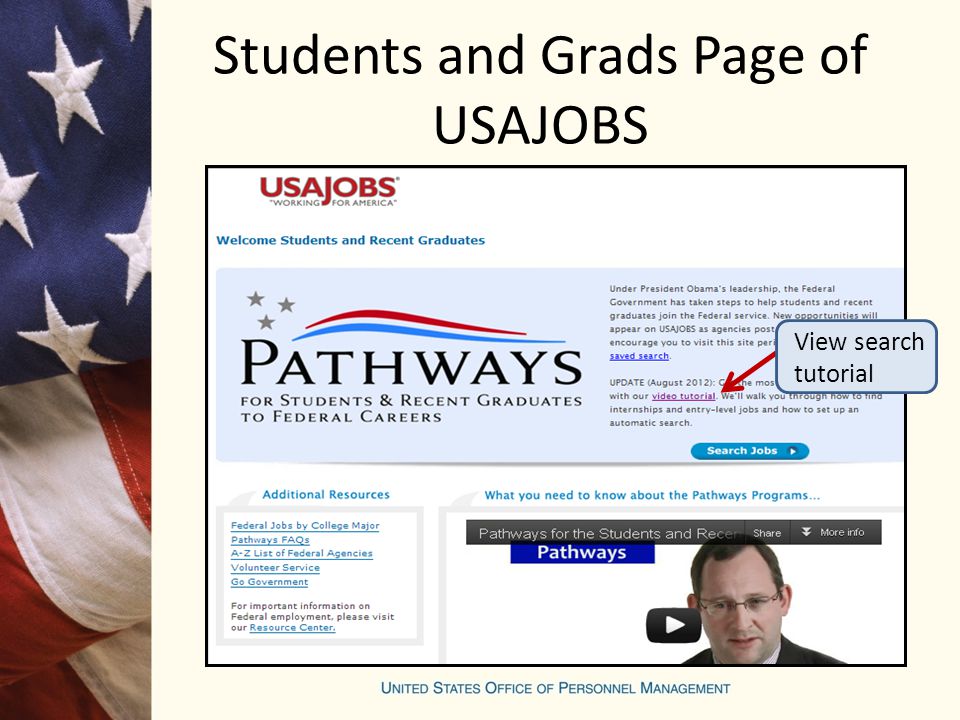 Students and Grads Page of USAJOBS View search tutorial