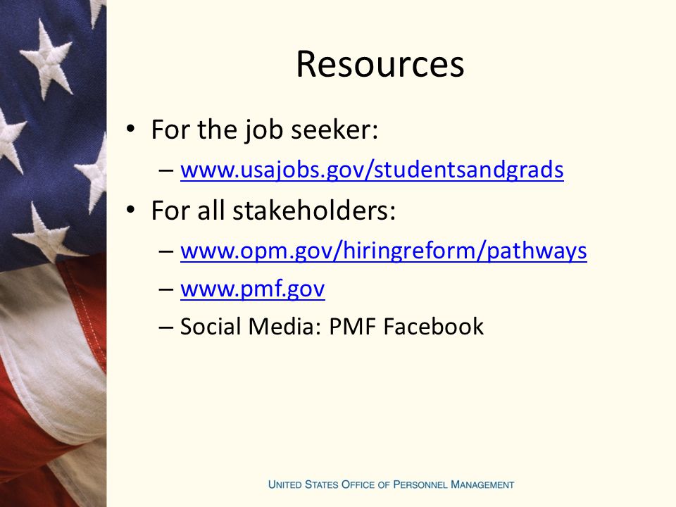 Resources For the job seeker: –     For all stakeholders: –     –     – Social Media: PMF Facebook