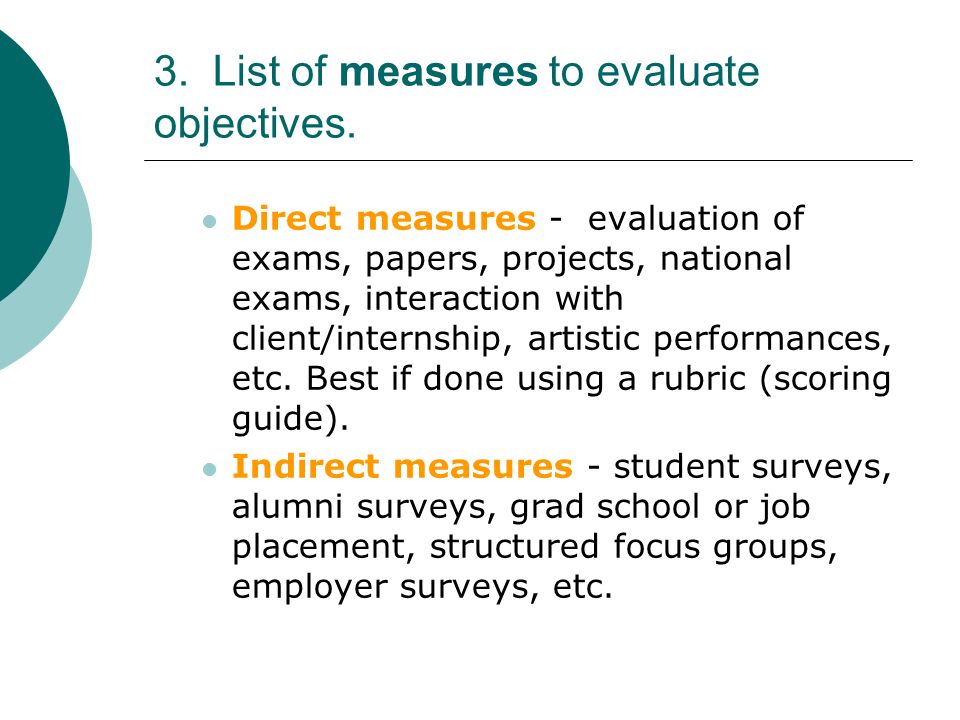 3. List of measures to evaluate objectives.