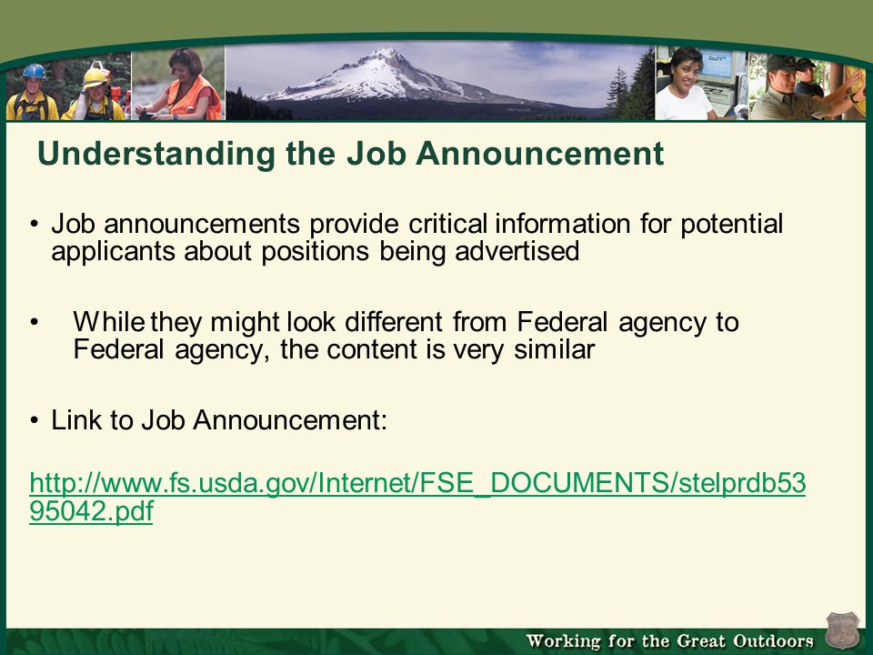 Understanding the Job Announcement Job announcements provide critical information for potential applicants about positions being advertised While they might look different from Federal agency to Federal agency, the content is very similar Link to Job Announcement: pdf pdf