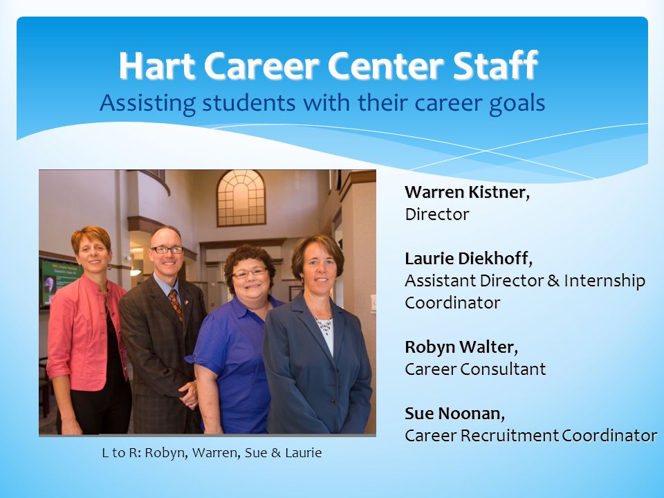 Assisting students with their career goals Hart Career Center Staff Warren Kistner, Director Laurie Diekhoff, Assistant Director & Internship Coordinator Robyn Walter, Career Consultant Sue Noonan, Career Recruitment Coordinator L to R: Robyn, Warren, Sue & Laurie