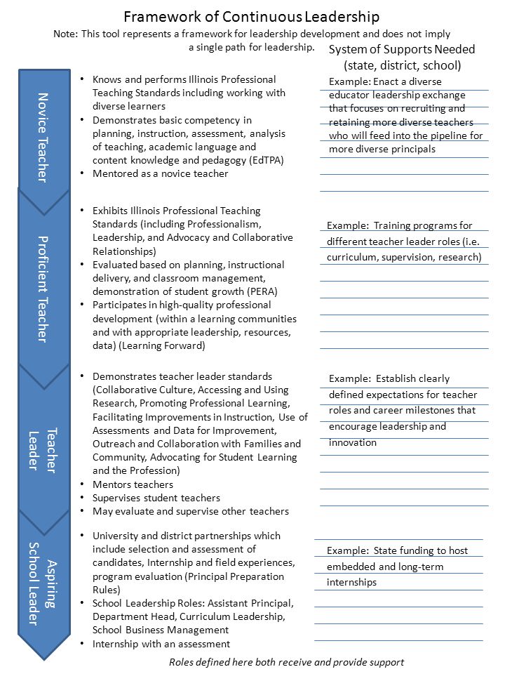 Knows and performs Illinois Professional Teaching Standards including working with diverse learners Demonstrates basic competency in planning, instruction, assessment, analysis of teaching, academic language and content knowledge and pedagogy (EdTPA) Mentored as a novice teacher Exhibits Illinois Professional Teaching Standards (including Professionalism, Leadership, and Advocacy and Collaborative Relationships) Evaluated based on planning, instructional delivery, and classroom management, demonstration of student growth (PERA) Participates in high-quality professional development (within a learning communities and with appropriate leadership, resources, data) (Learning Forward) Demonstrates teacher leader standards (Collaborative Culture, Accessing and Using Research, Promoting Professional Learning, Facilitating Improvements in Instruction, Use of Assessments and Data for Improvement, Outreach and Collaboration with Families and Community, Advocating for Student Learning and the Profession) Mentors teachers Supervises student teachers May evaluate and supervise other teachers Novice Teacher Proficient Teacher Teacher Leader Aspiring School Leader University and district partnerships which include selection and assessment of candidates, Internship and field experiences, program evaluation (Principal Preparation Rules) School Leadership Roles: Assistant Principal, Department Head, Curriculum Leadership, School Business Management Internship with an assessment Framework of Continuous Leadership Note: This tool represents a framework for leadership development and does not imply a single path for leadership.