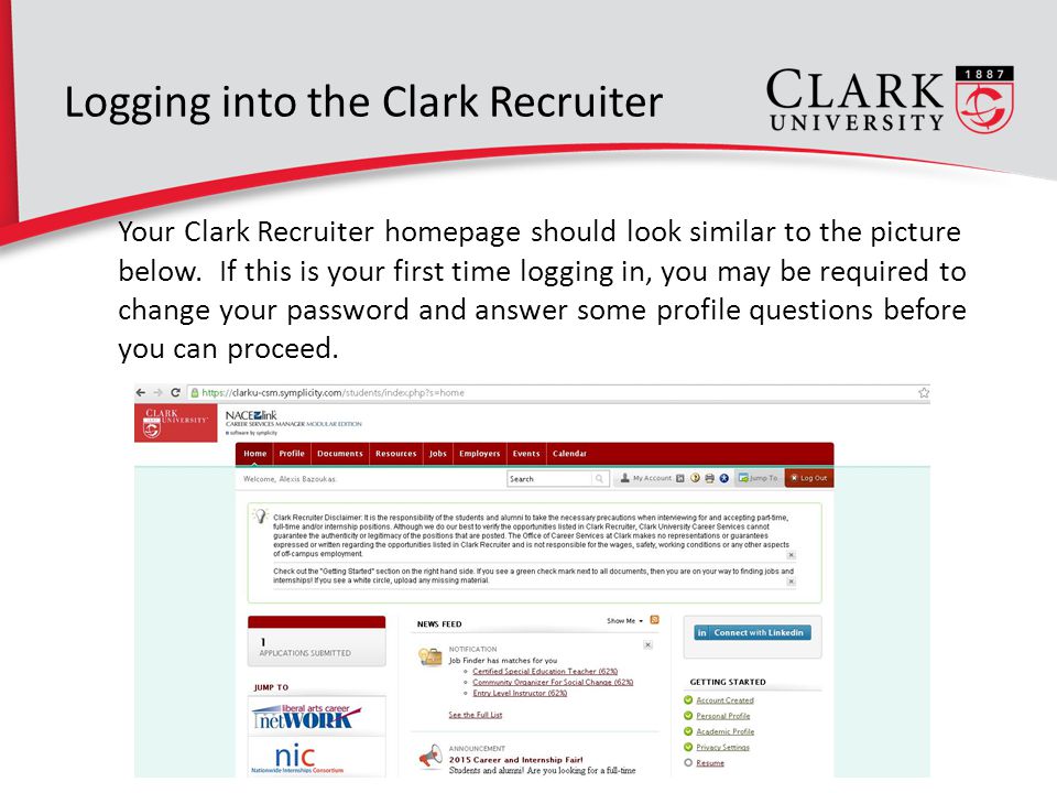 Your Clark Recruiter homepage should look similar to the picture below.