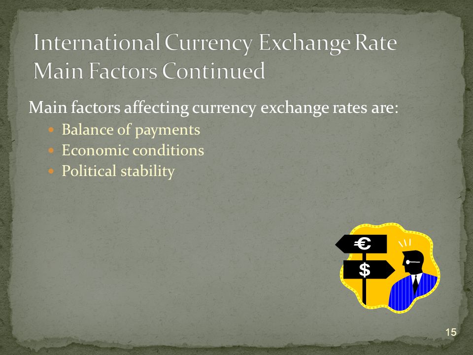 Main factors affecting currency exchange rates are: Balance of payments Economic conditions Political stability 15