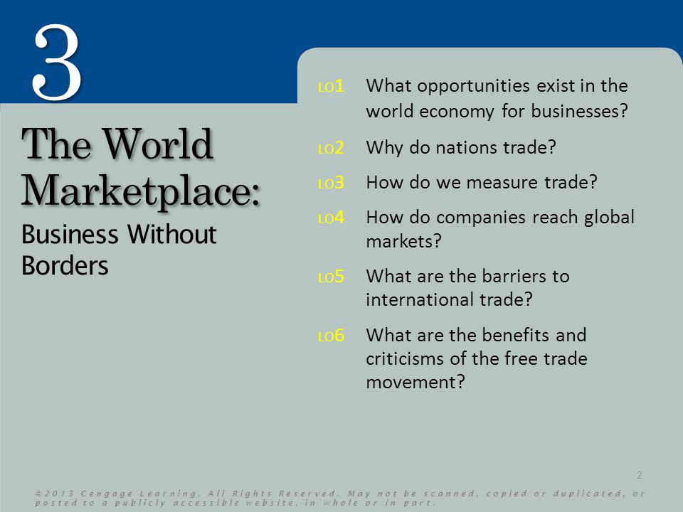 3 3 The World Marketplace: Business Without Borders 2 LO 1What opportunities exist in the world economy for businesses.