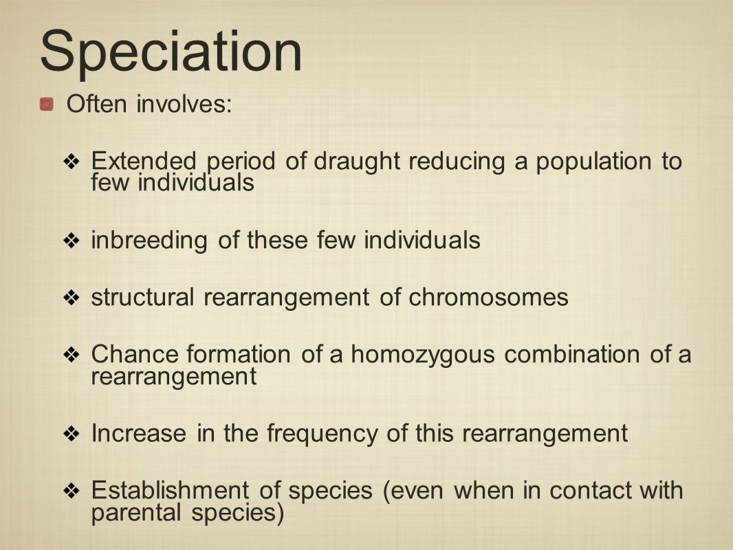 Speciation Often involves: Extended period of draught reducing a population to few individuals inbreeding of these few individuals structural rearrangement of chromosomes Chance formation of a homozygous combination of a rearrangement Increase in the frequency of this rearrangement Establishment of species (even when in contact with parental species)
