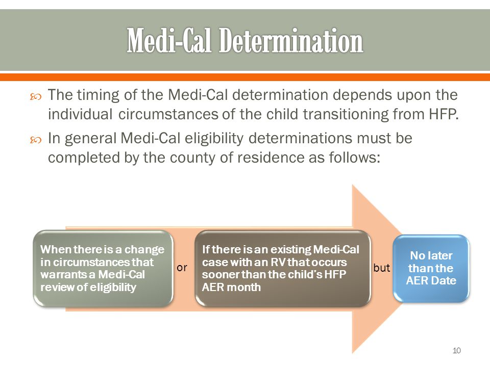  The timing of the Medi-Cal determination depends upon the individual circumstances of the child transitioning from HFP.