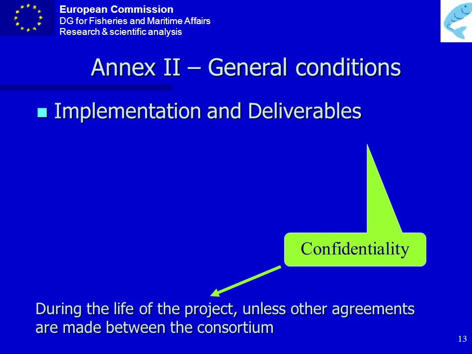 European Commission DG for Fisheries and Maritime Affairs Research & scientific analysis 12 ANNEX II – General conditions Subcontractors Tasks clearly identified in Annex I Tasks clearly identified in Annex I Must be awarded to the bid offering best value for money (price/quality) under conditions of transparency and equal treatment Must be awarded to the bid offering best value for money (price/quality) under conditions of transparency and equal treatment If not in Annex I : can only be minor services, non-core elements If not in Annex I : can only be minor services, non-core elements The subcontractor must be a legal entity The subcontractor must be a legal entity A subcontract can only cover a limited part of the project & must be justified A subcontract can only cover a limited part of the project & must be justified The contractor maintains full responsibility for carrying out the project, and retains the intellectual property generated (if any).