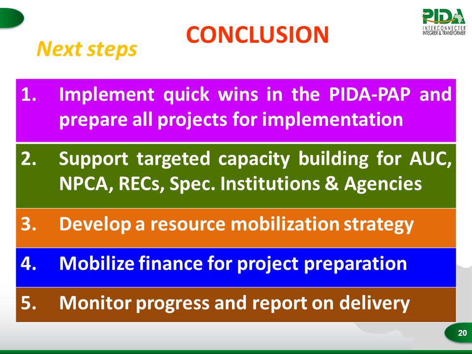 20 CONCLUSION Next steps 1.Implement quick wins in the PIDA-PAP and prepare all projects for implementation 2.Support targeted capacity building for AUC, NPCA, RECs, Spec.