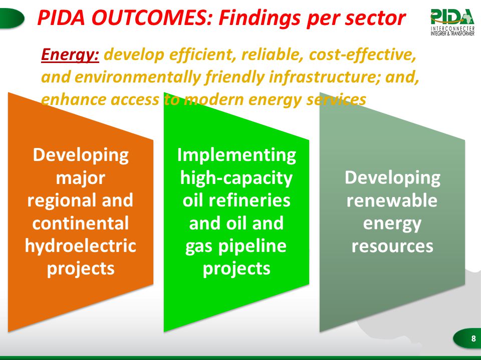 8 Developing major regional and continental hydroelectric projects Implementing high-capacity oil refineries and oil and gas pipeline projects Developing renewable energy resources Energy: develop efficient, reliable, cost-effective, and environmentally friendly infrastructure; and, enhance access to modern energy services PIDA OUTCOMES: Findings per sector